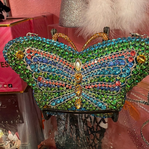 3D Butterfly Multicolor Vibrant Rhinestone Embellished Luxury Crossbody Handbag - Picture 2 of 7